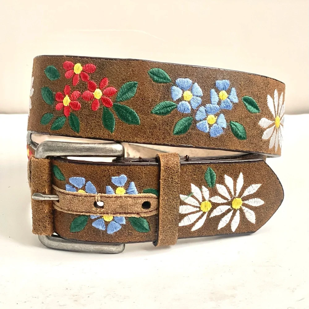 Brown Suede Floral Embroidered Belt with Silver Buckle - Picture 3 of 12